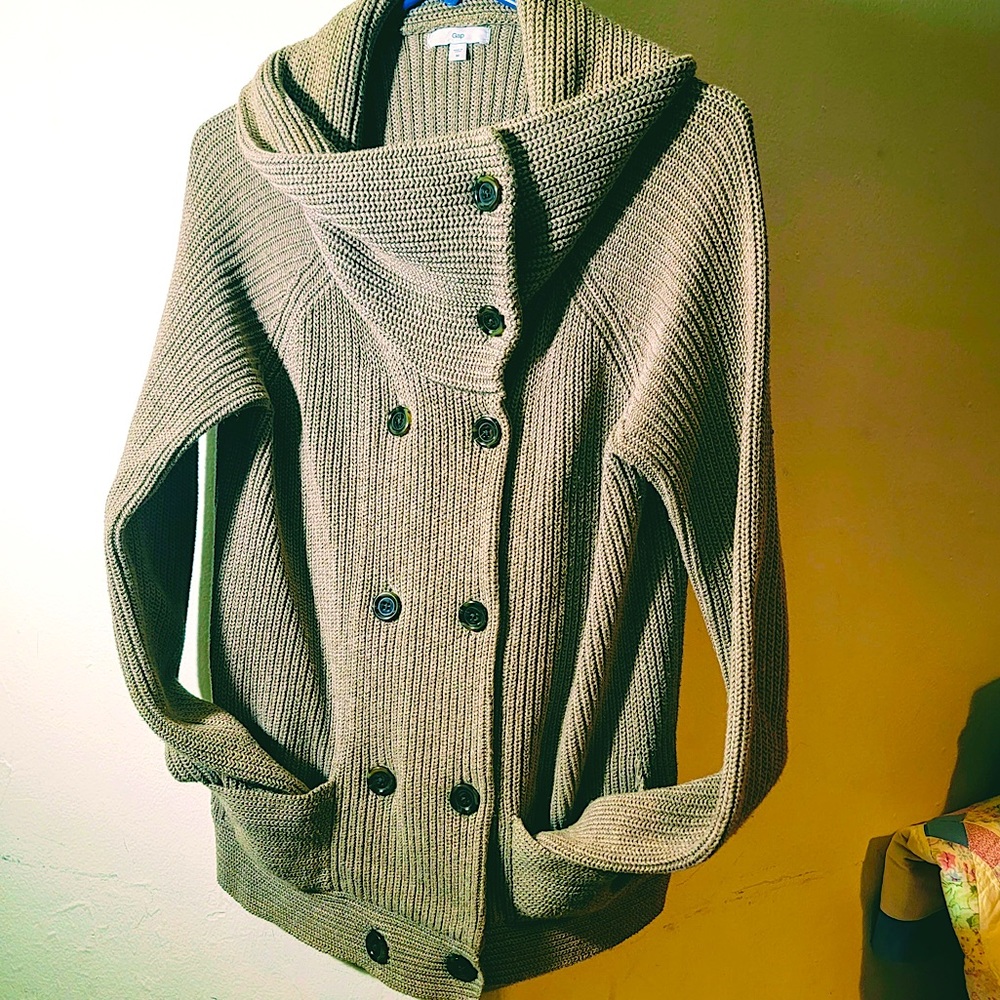Gap Thick Knit Cotton Wool Blend Double Breasted Button Up Cowl Neck Cardigan